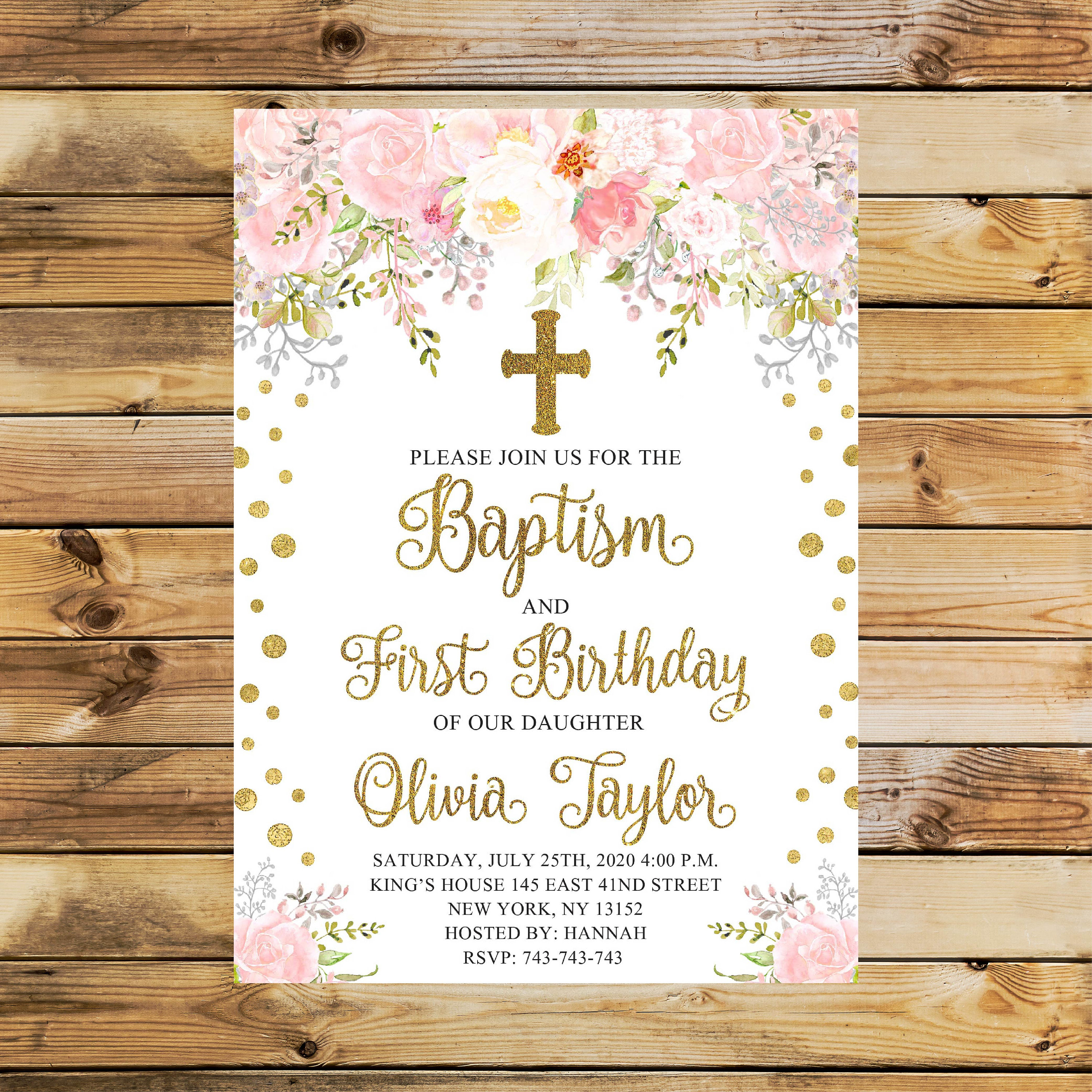 Floral First Birthday & Baptism Invitation Pink and Gold Etsy