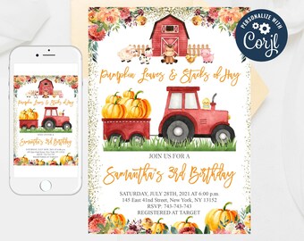 Pumpkin Farm Birthday Invitation: Girl Barnyard Animals (Editable Template)