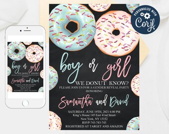 Editable Donut Gender Reveal Invitation, Gender Reveal Party Invitation,Gender Reveal Brunch Invitation,Boy or Girl Invitation Templates 29