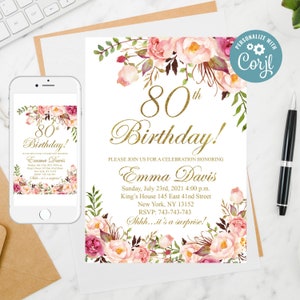 Editable 80th Birthday Invitation, Women Birthday Invitation, Any Age Women Birthday Invite, Surprise 80th Birthday Invitation, Template 1