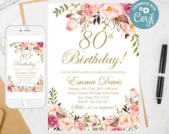 Floral 80th Birthday Invitation Template: Editable Women's Invite