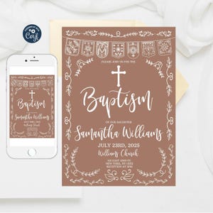 Editable Papel Picado Baptism Invitation, Terracotta Template, Mexican Theme Girl Bautizo Invitation Template, Bautizo Instant Download