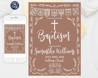 Editable Papel Picado Baptism Invitation: Terracotta Mexican Template (Digital Download)