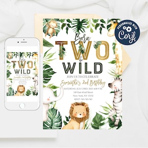 Editable Born Two Be Wild Birthday Invitation, Jungle Animal invitations, Safari Party Invitation, Jungle Birthday Invitation Template 354-3