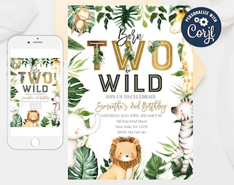Editable Born Two Be Wild Birthday Invitation, Jungle Animal invitations, Safari Party Invitation, Jungle Birthday Invitation Template 354-3