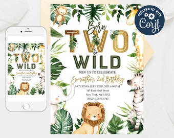 Born Two Be Wild Birthday Invitation: Jungle Safari Animals (Editable Template)
