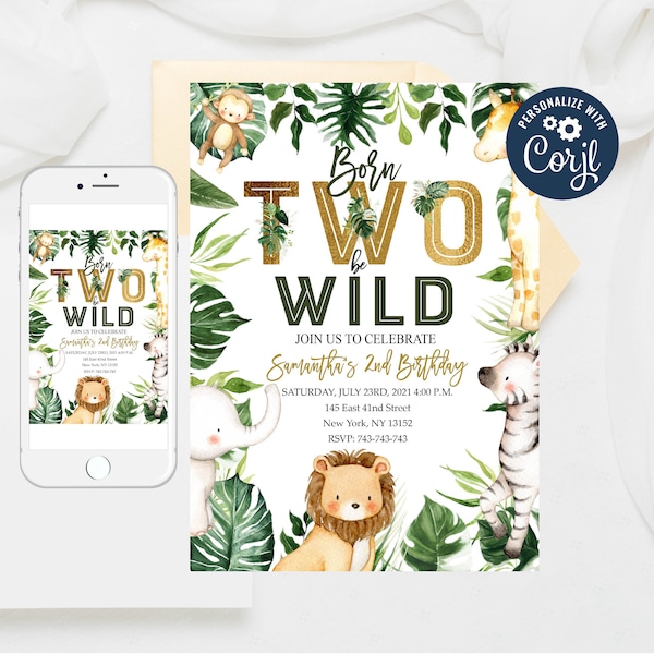 Editable Born Two Be Wild Birthday Invitation, Jungle Animal invitations, Safari Party Invitation, Jungle Birthday Invitation Template 354-3