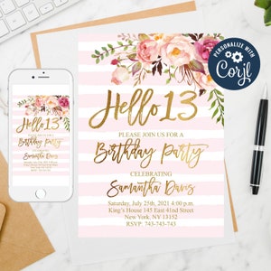 Floral 13th Birthday Invitation: Pink Stripes, Editable Template