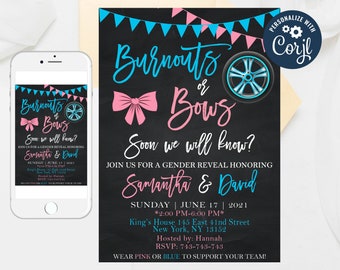 Burnouts or Bows Gender Reveal Invitation: Cars, Wheels, Trucks (Editable Template)