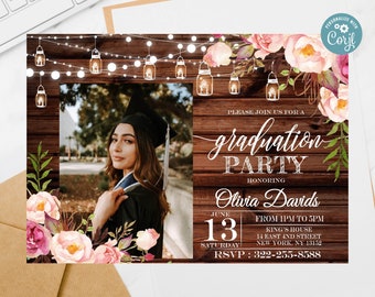 Rustic Graduation Photo Invitation: Mason Jar Lights (Digital Download)