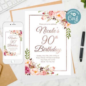 Floral 90th Birthday Invitation: Blush Rose Gold (Editable)