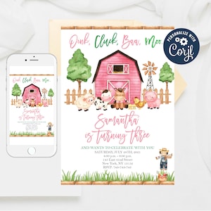 Editable Farm Birthday Invitation, Pink Farm Animals Birthday Invite, Girl Barnyard Birthday, Girl Farm Invitations Template Invitation 44