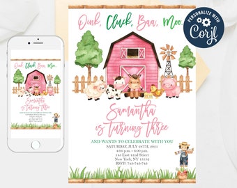 Pink Farm Animals Birthday Invitation: Girl Barnyard Template (Editable)