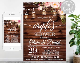 Editable Couples Shower Invitation, Bridal Shower, Floral Couples Shower Invitation, Wooden boards, Rustic String Lights, Template invite 5