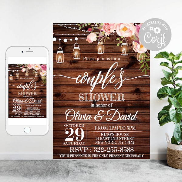 Editable Couples Shower Invitation, Bridal Shower, Floral Couples Shower Invitation, Wooden boards, Rustic String Lights, Template invite 5