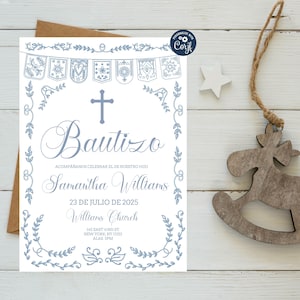 Editable Papel Picado Baptism Invitation, Dusty Blue Template, Mexican Theme Boy Bautizo Invitation Template, Bautizo Instant Download