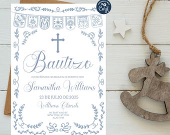Dusty Blue Papel Picado Baptism Invitation Template (Digital Download)