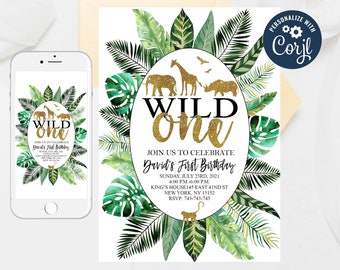 Editable Wild One Invitation, Jungle animals ,Wild One invitation, Jungle First birthday, Safari Birthday Invitation, Jungle Template 18