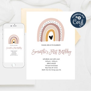 Modern Rainbow First Birthday Invitation Template (Editable)
