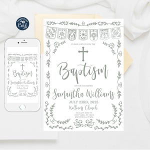 Editable Papel Picado Baptism Invitation, Sage Green Template, Mexican Theme Girl Bautizo Invitation Template, Bautizo Instant Download