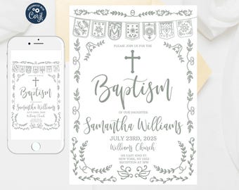 Editable Papel Picado Baptism Invitation: Sage Green Mexican Theme (Instant Download)