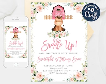 May include: A pink and white birthday invitation with a cartoon horse and a red barn. The invitation says "Saddle Up! & Gallop on over to celebrate Samantha is turning Seven" with the date, time, and location.