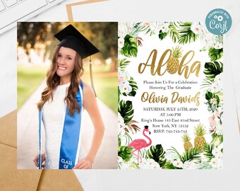 Aloha Graduation Party Invitation: Flamingo Photo Invite (Digital Download)