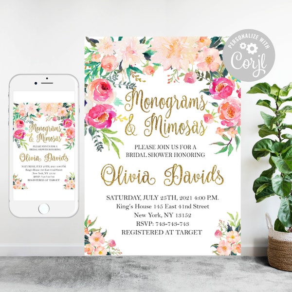 Editable Monograms & Mimosas Bridal Shower Invitation: Mimosas and Monograms Bridal Shower Invite, Tropical Floral 53