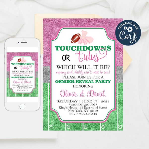 Editable Touchdown or Tutus, Gender Reveal Invite, Touchdowns or Tutus Gender Reveal Invitation, Football or Ballet, Tutus or Touchdowns 156