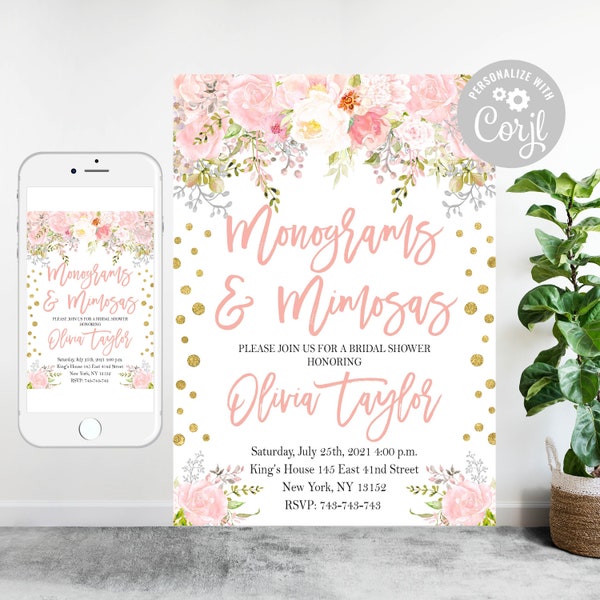 Editable Monograms & Mimosas Bridal Shower Invitation, Mimosas and Monograms Bridal Shower Invite, Monogram and Mimosa party 60