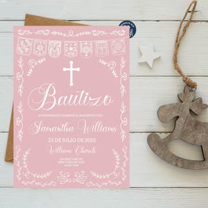 Editable Papel Picado Baptism Invitation, Blush Pink Template, Mexican Theme Girl Bautizo Invitation Template, Bautizo Instant Download