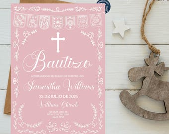 Faire-part de baptême modifiable Papel Picado : modèle Bautizo rose blush (téléchargement numérique)