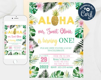Editable Aloha Luau Invitation,Aloha Birthday invitation,Hawaiian Birthday Invitation,Luau Invite,Pineapple Birthday Invitation Template 277