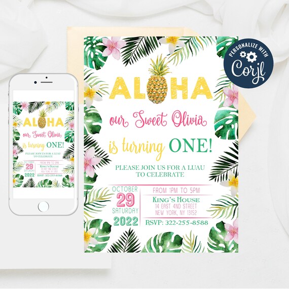 Editable Aloha Luau Invitation,Aloha Birthday invitation,Hawaiian Birthday Invitation,Luau Invite,Pineapple Birthday Invitation Template 277