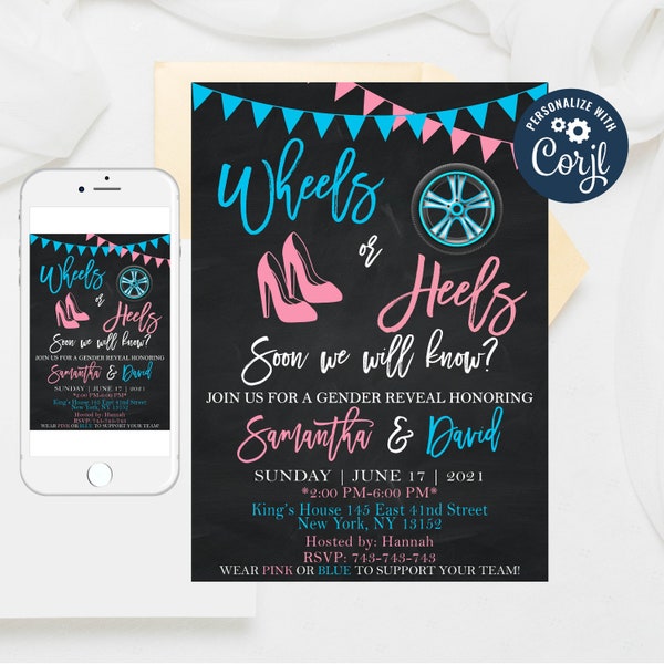 Editable Wheels or Heels Gender Reveal invitation, Cars Wheels Trucks, Girl or boy invitation, Gender reveal party invitation Templates 361