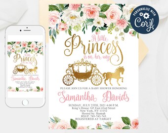 Princess Carriage Baby Shower Invitation: Blush Pink Floral (Editable Template)