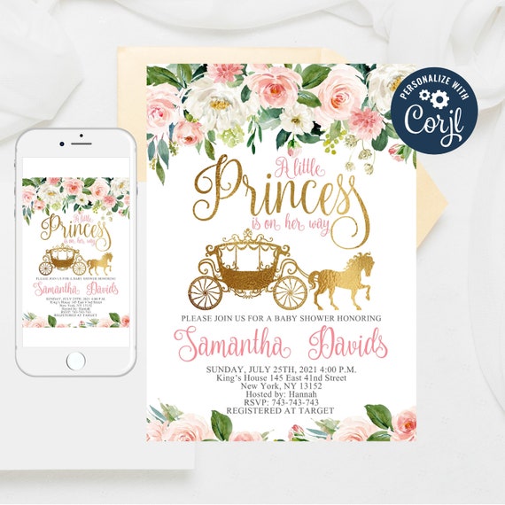 Download Editable Princess Carriage Baby Shower Invitation Blush Pink Etsy