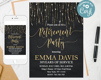 Elegant Retirement Party Invitation: Black, Gold Glitter (Instant Download)