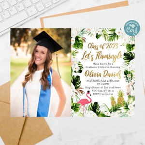 Editable Flamingo Graduation Party Invitation, Pool Party Invitation,Class of 2023,Graduation Photo Party Invitation,Tropical Palm Leaves 70