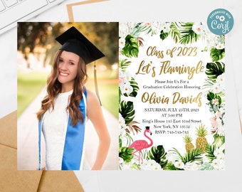 Flamingo Graduation Party Invitation: Tropical Photo Template (Digital Download)