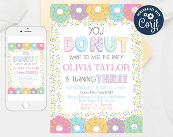 Editable Donut Birthday Invitation, Donut Invitation, Donuts and Pajamas, Sweet Celebration,Donut Invitation, Pink Donut Template 168