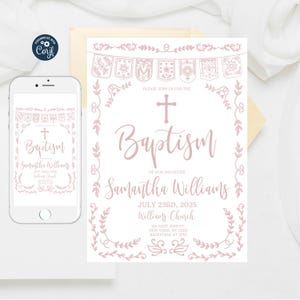 Editable Papel Picado Baptism Invitation, Blush Pink Template, Mexican Theme Girl Bautizo Invitation Template, Bautizo Instant Download