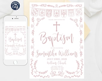Editable Papel Picado Baptism Invitation: Blush Pink Mexican Theme (Instant Download)