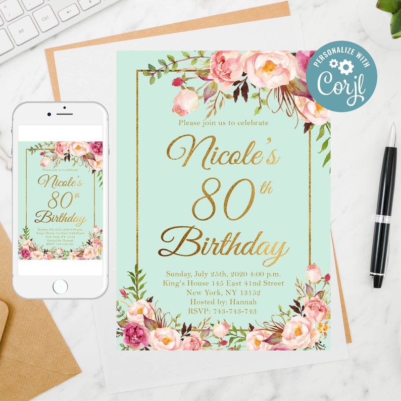 Editable 80th Birthday Invitation Floral Women Birthday Etsy Canada