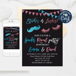 Editable Staches or Lashes Gender Reveal invitation, He or She Invitations, Gender Reveal Party Boy or Girl Invites, Pink or Blue Templates