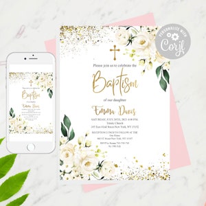 White Roses Baptism Invitation Template: Floral Communion (Digital Download)