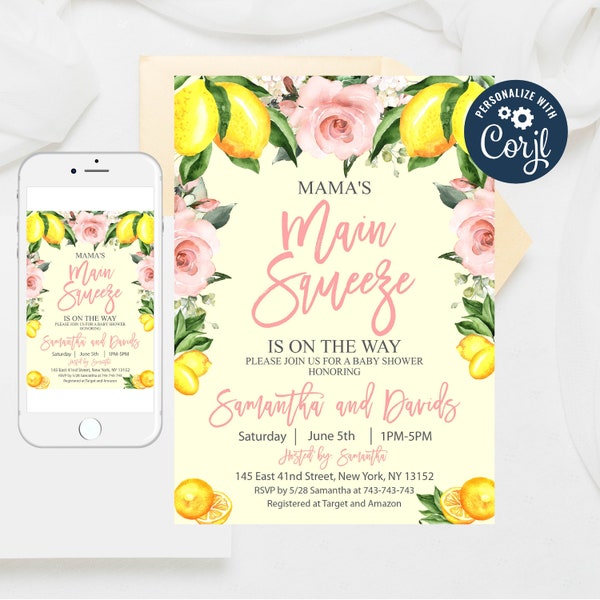 Editable Lemonade Baby Shower, Lemon Baby Shower Invitation, Summer Baby Shower Invitation, Mama's Main Squeeze Baby shower Templates 335