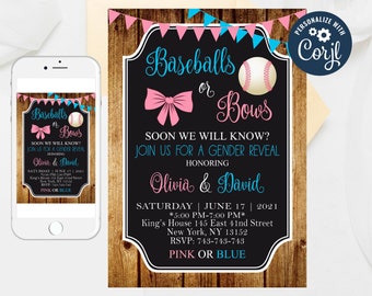 Baseballs or Bows Gender Reveal Invitation Template (Editable)