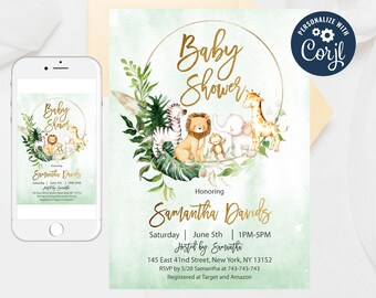 Editable Safari Baby Shower Invitation,Gender Neutral Baby Shower Invitation,Safari Baby Shower, Animal Baby Shower Invitation Templates 319