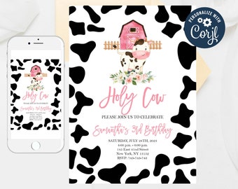 Pink Cow Birthday Invitation: Barnyard Girl Invite (Editable Template)